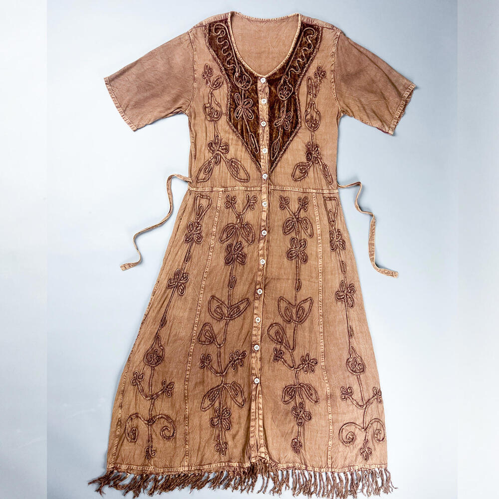 Vintage Boho Prairie Brown Embroidered Button-Down Maxi Dress with Fringe